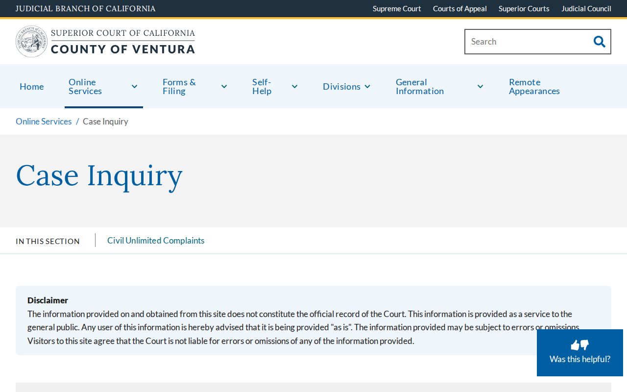 Ventura people search through Superior Court case inquiry