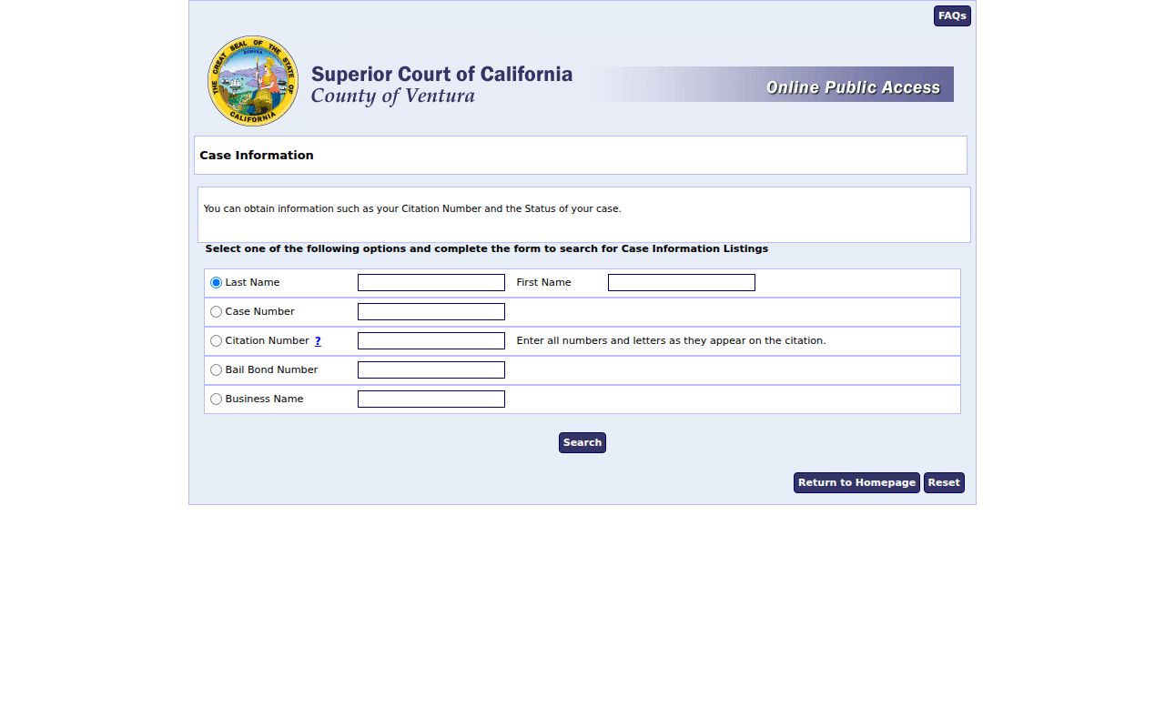 Ventura people search fields for criminal and traffic cases