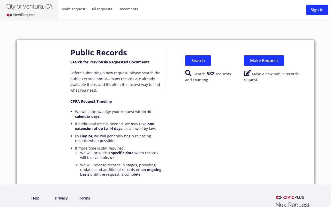 Ventura public records request portal for city departments